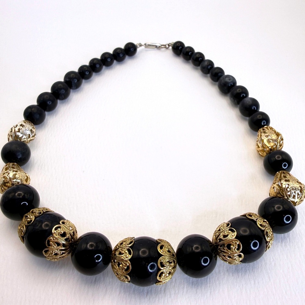 Dauplaise Vintage‎ Black Bead Filigree Necklace Graduated Statement Gold Tone